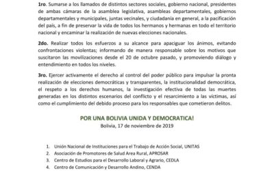 GTCCJ se adhiere a comunicado interinstitucional por la pacificación de Bolivia